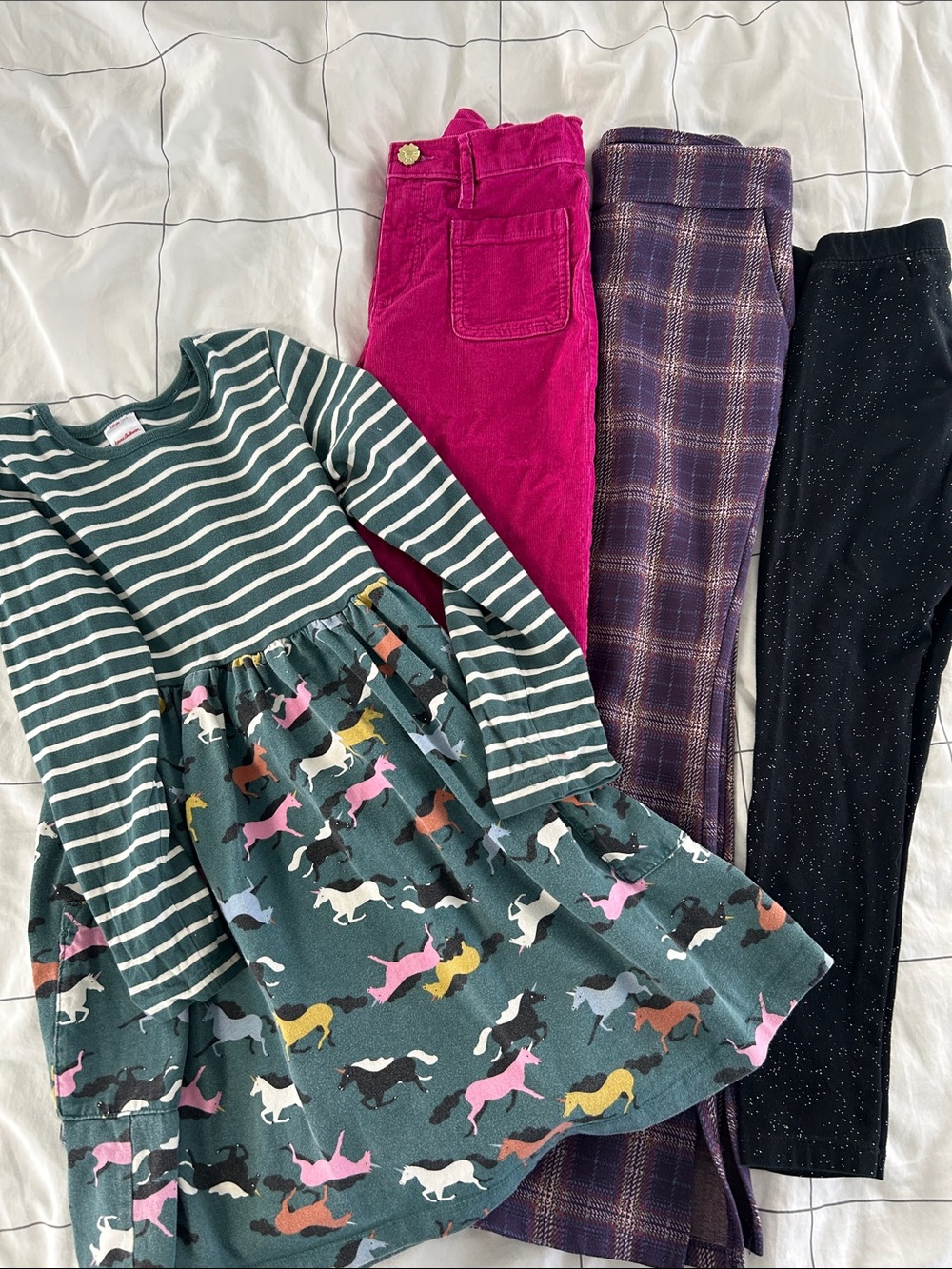 Girls' Hanna Andersson Striped Green Horse Print Dress with Assorted Pants sz 8